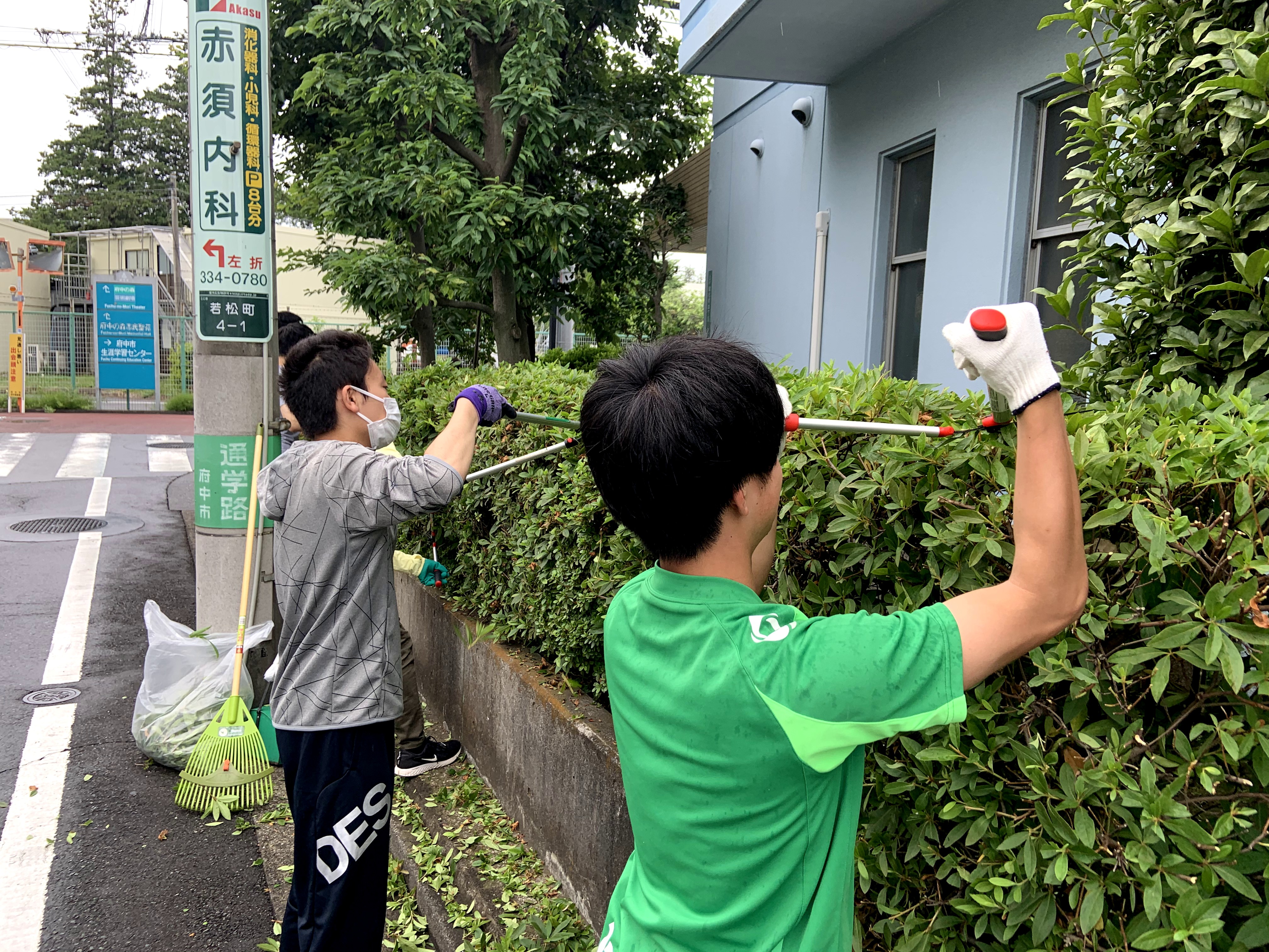 集めた枝をまとめる寮生